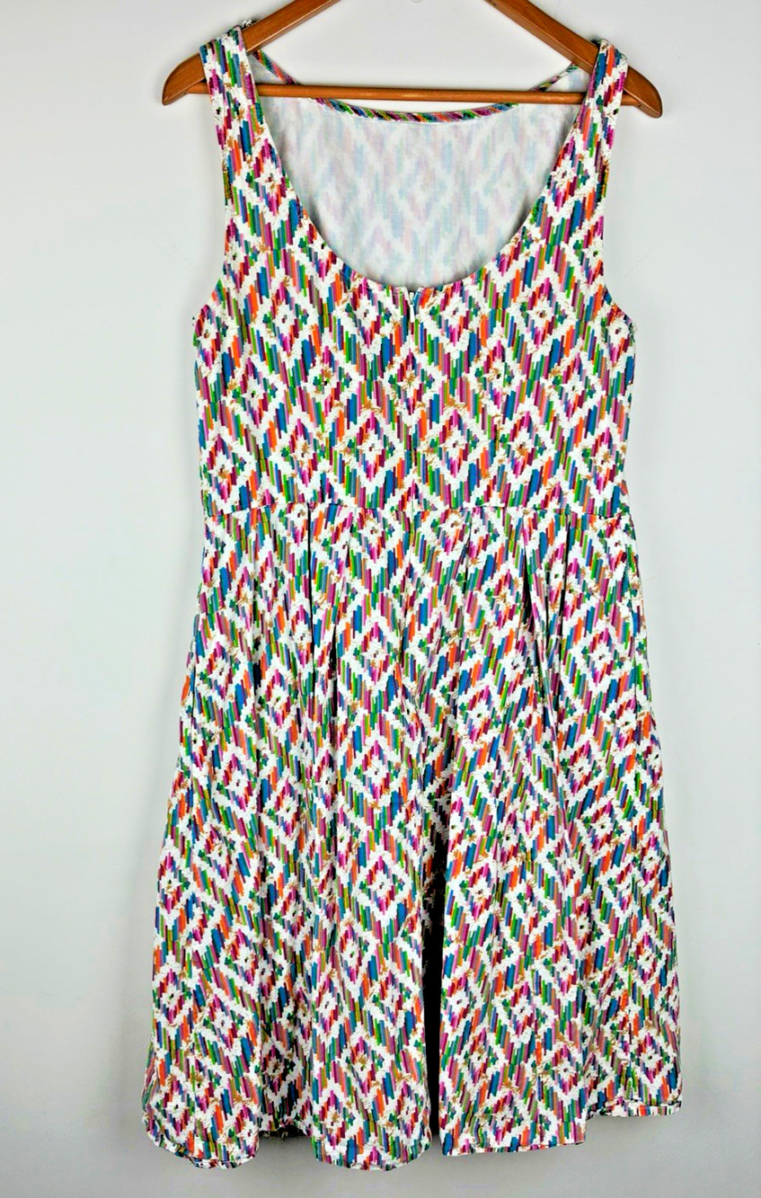 eShakti Women’s L 12 Artsy Boho Multicolor Geometric Cotton Fit Flare Dress